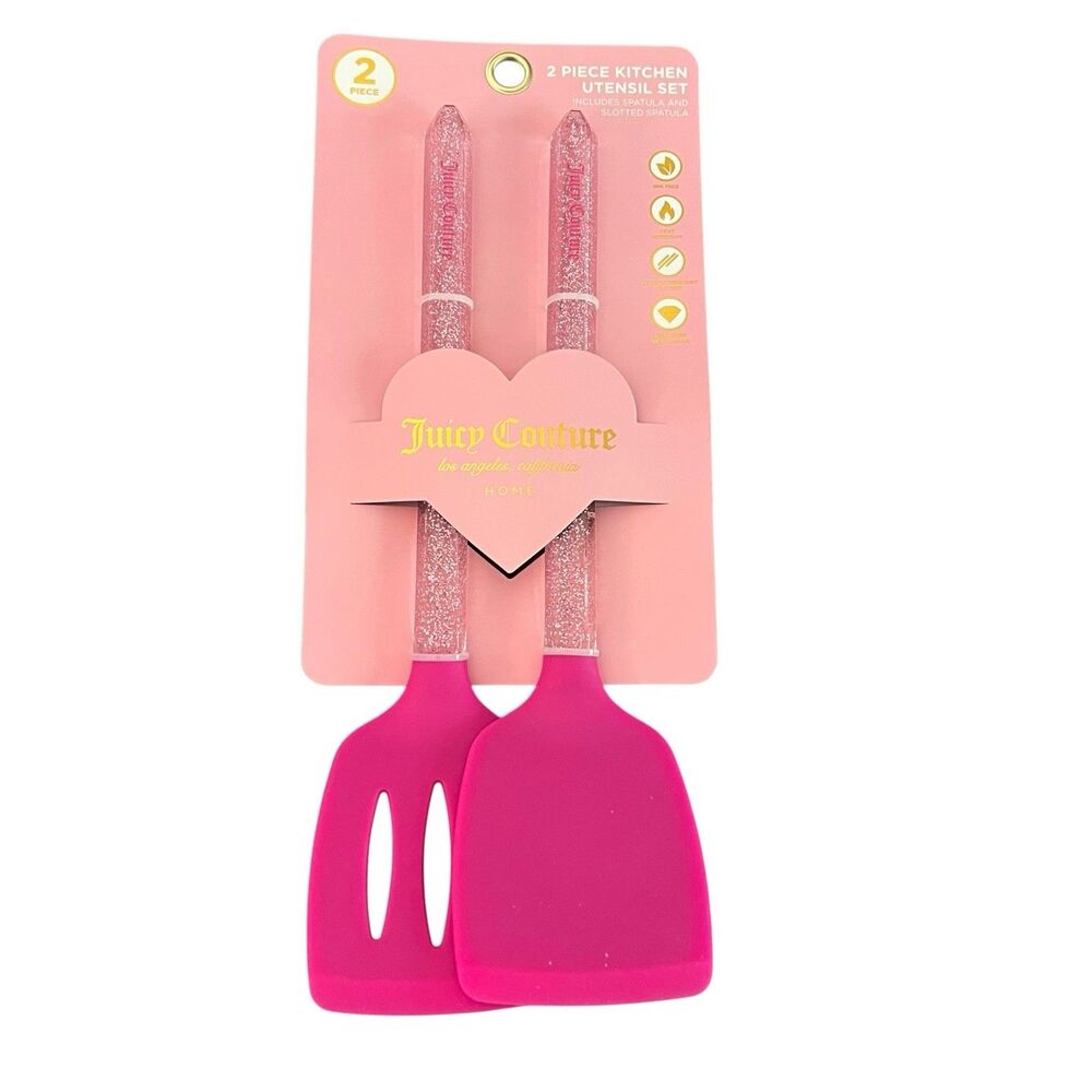 Juicy Couture Home Pink Glitter Silicone Spatula Set 2 Pc BPA Free New